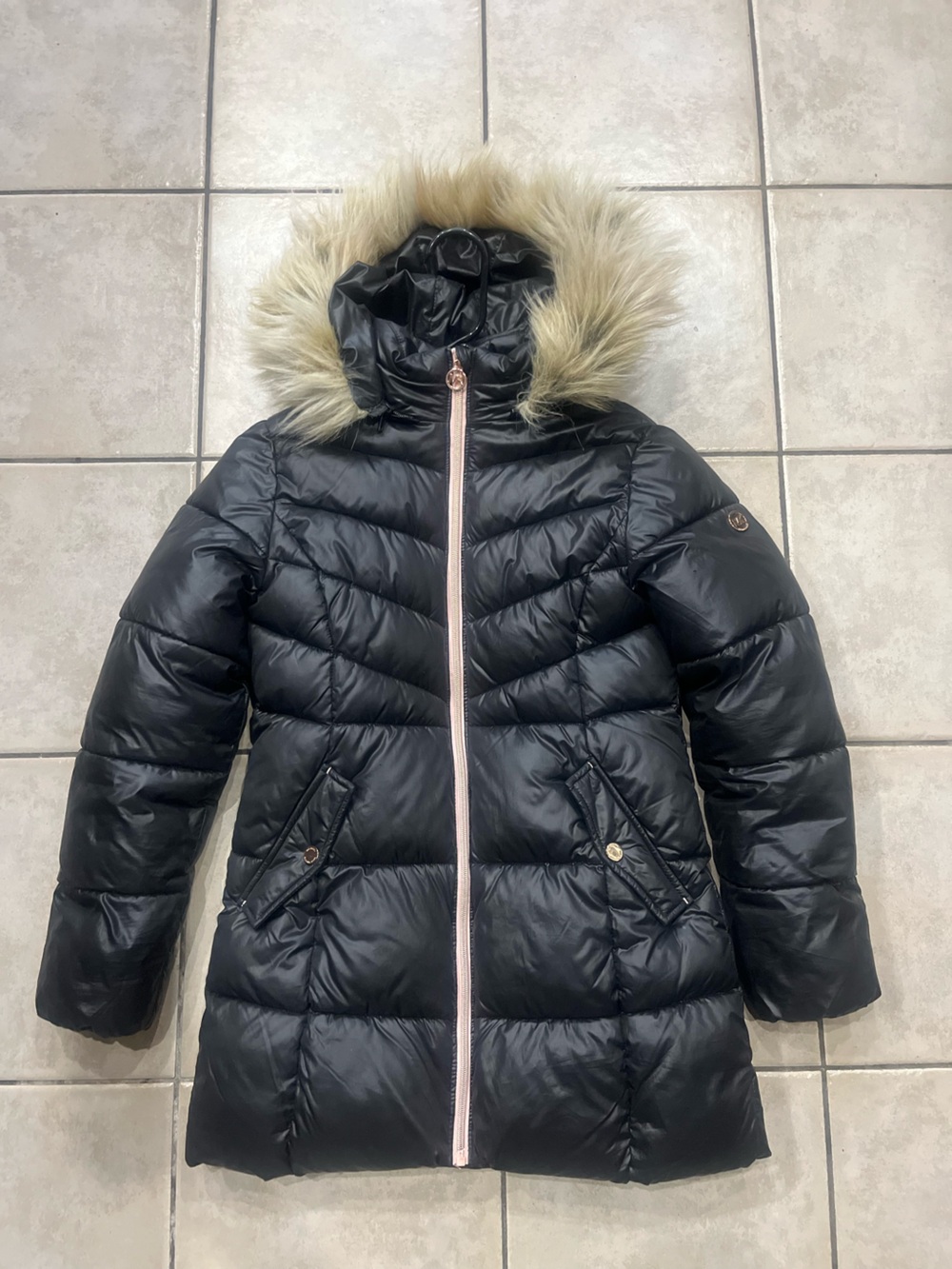 MICHAEL Michael Kors Black Quilted Puffer Coat with Faux Fur Trim